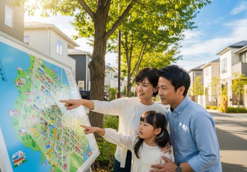 明るい日差しの下、笑顔の夫婦と娘が地図を指さして見ている。