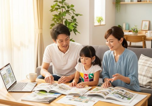 リビングのソファで、笑顔の夫婦と娘が住宅カタログやノートPCの間取り図を見ながら、マイホーム購入を検討している