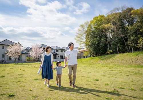 住宅地で家族が土地を見学している様子。緑の多い郊外の分譲地を歩きながら、地形や周囲の環境を真剣に観察している家族のイメージ写真。