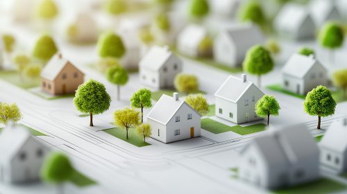 白い家々と緑豊かな木々が並ぶミニチュアの住宅街。